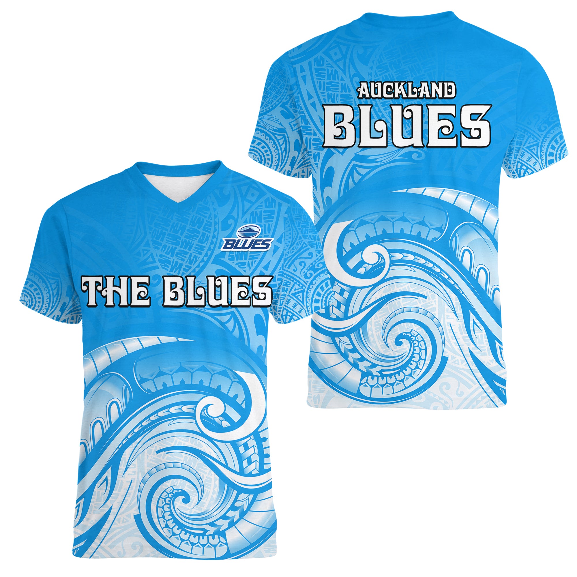 Super Blues Rugby Union Auckland Women V Neck T Shirt New Zealand Koru Maori - Vibe Hoodie Shop