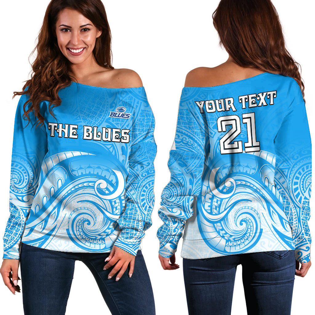 (Custom Text And Number) Super Blues Rugby Union Auckland Off Shoulder Sweater New Zealand Koru Maori - Vibe Hoodie Shop