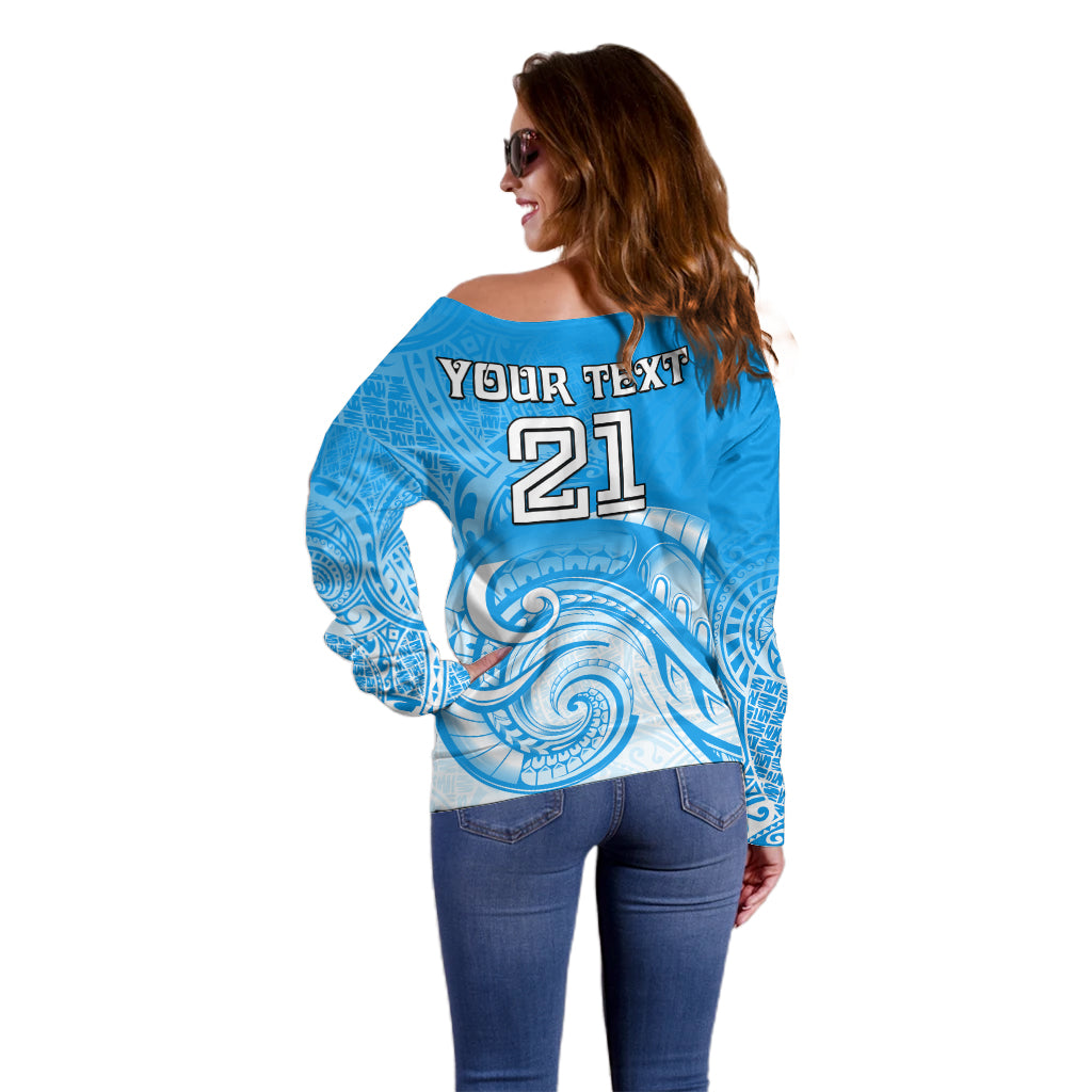 (Custom Text And Number) Super Blues Rugby Union Auckland Off Shoulder Sweater New Zealand Koru Maori - Vibe Hoodie Shop