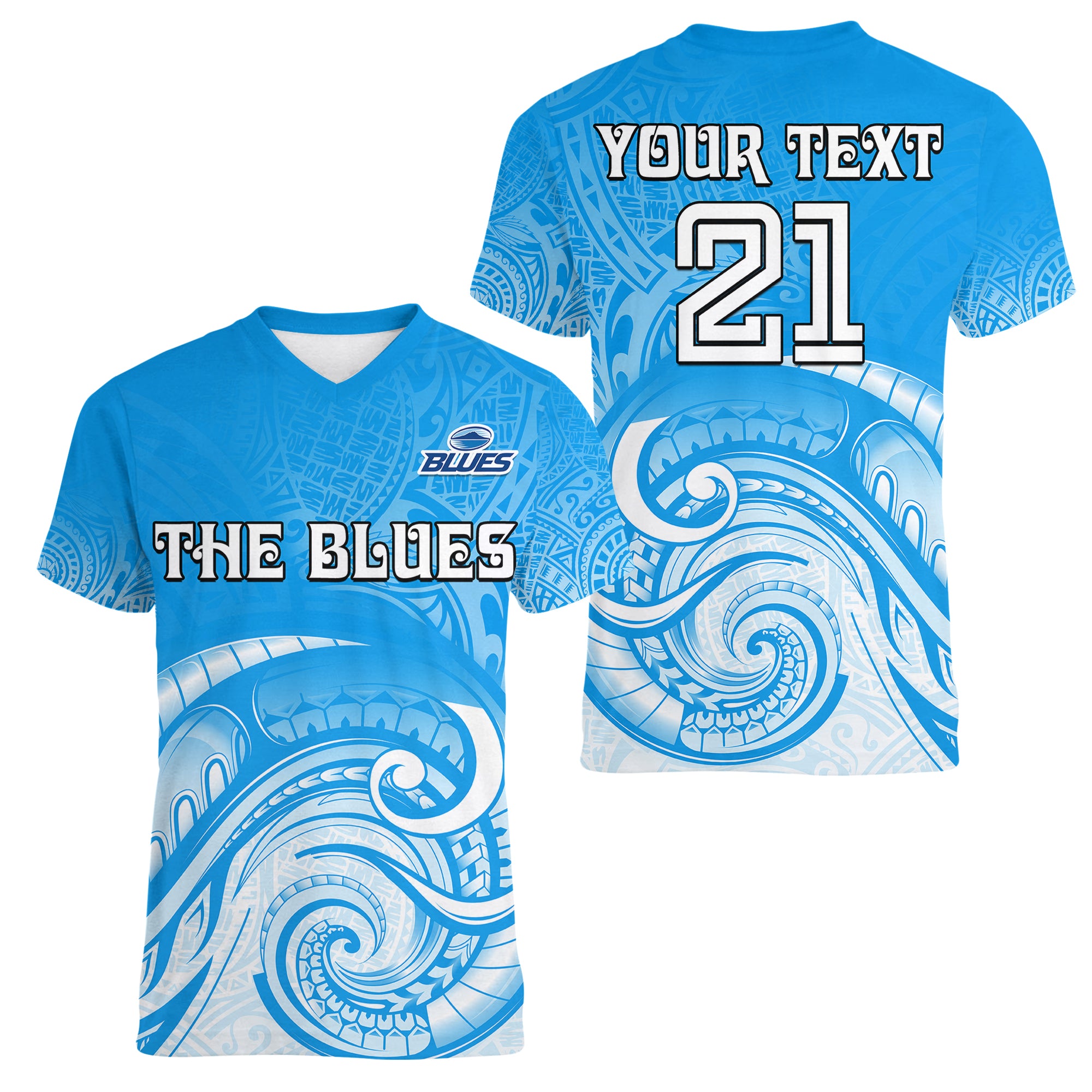 (Custom Text And Number) Super Blues Rugby Union Auckland Women V Neck T Shirt New Zealand Koru Maori - Vibe Hoodie Shop