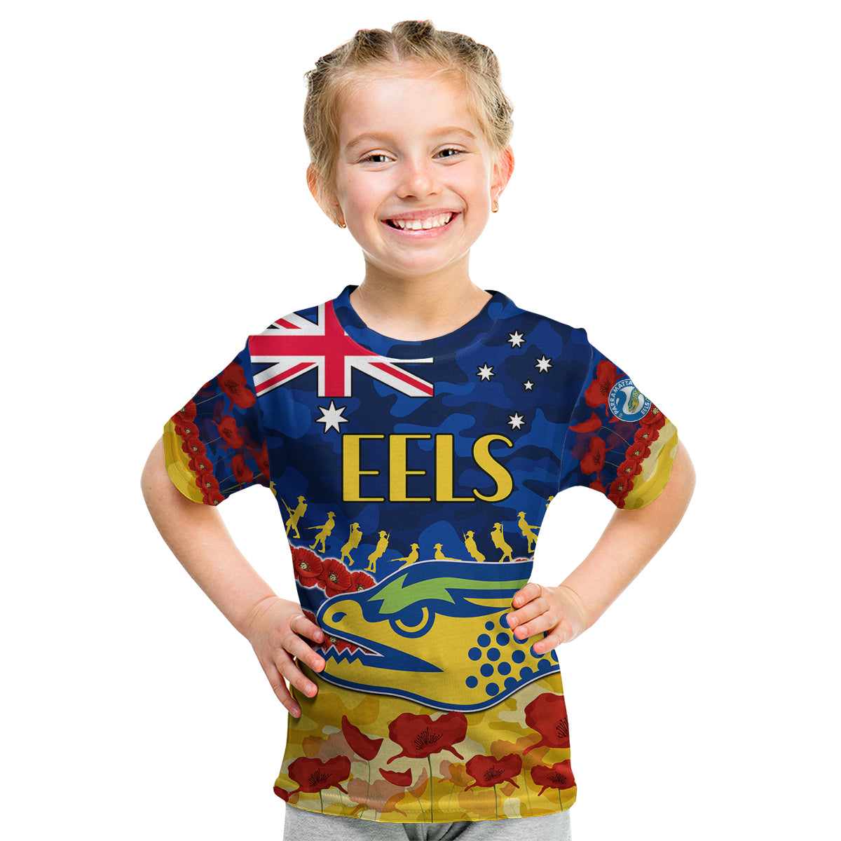 (Custom Text And Number) Eels Rugby ANZAC Kid T Shirt Lest We Forget - Vibe Hoodie Shop