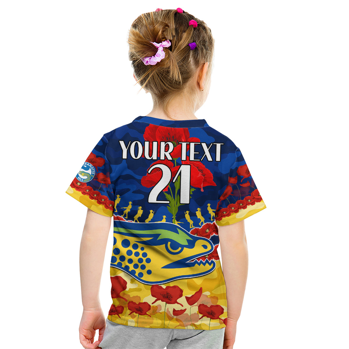 (Custom Text And Number) Eels Rugby ANZAC Kid T Shirt Lest We Forget - Vibe Hoodie Shop