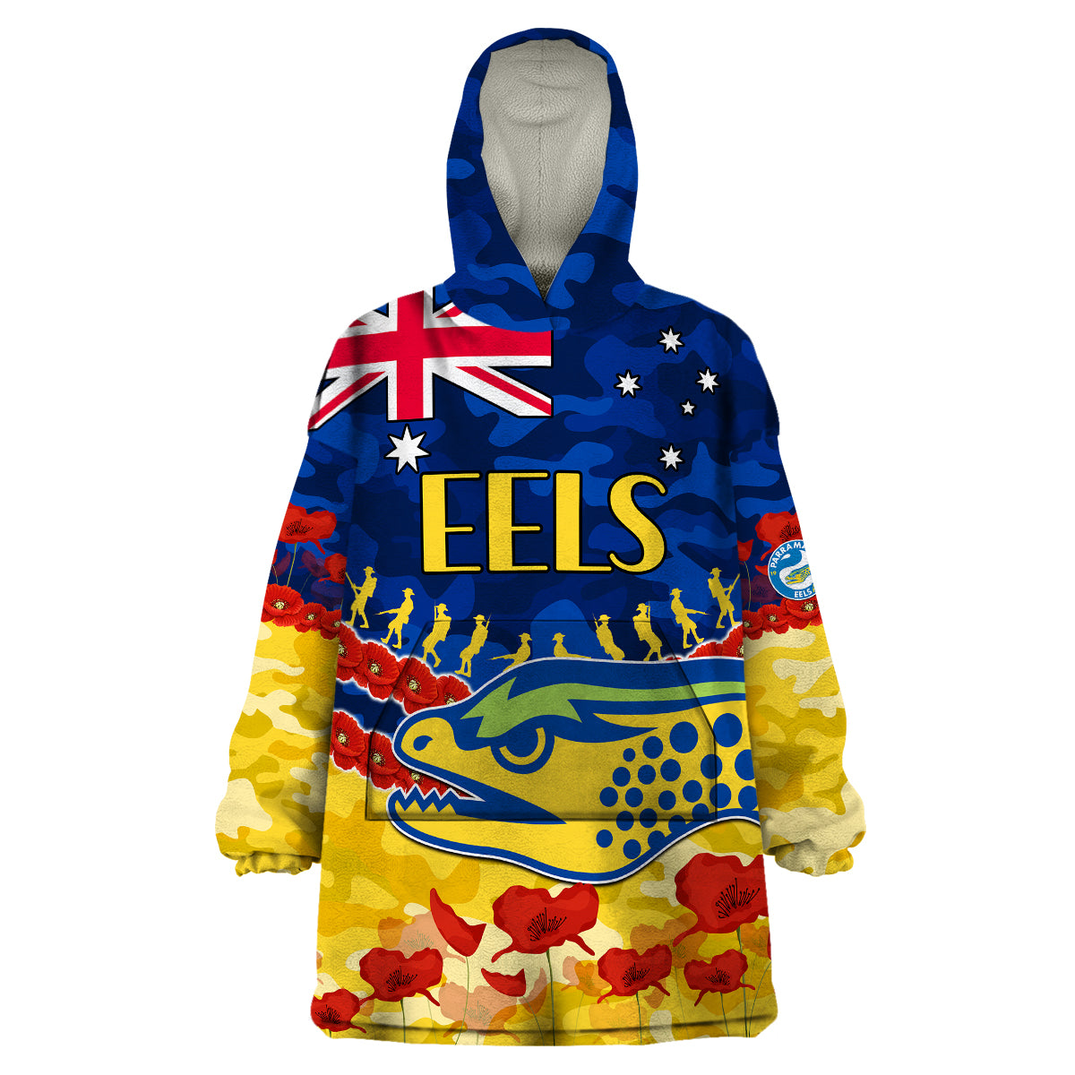 (Custom Text And Number) Eels Rugby ANZAC Wearable Blanket Hoodie Lest We Forget - Vibe Hoodie Shop