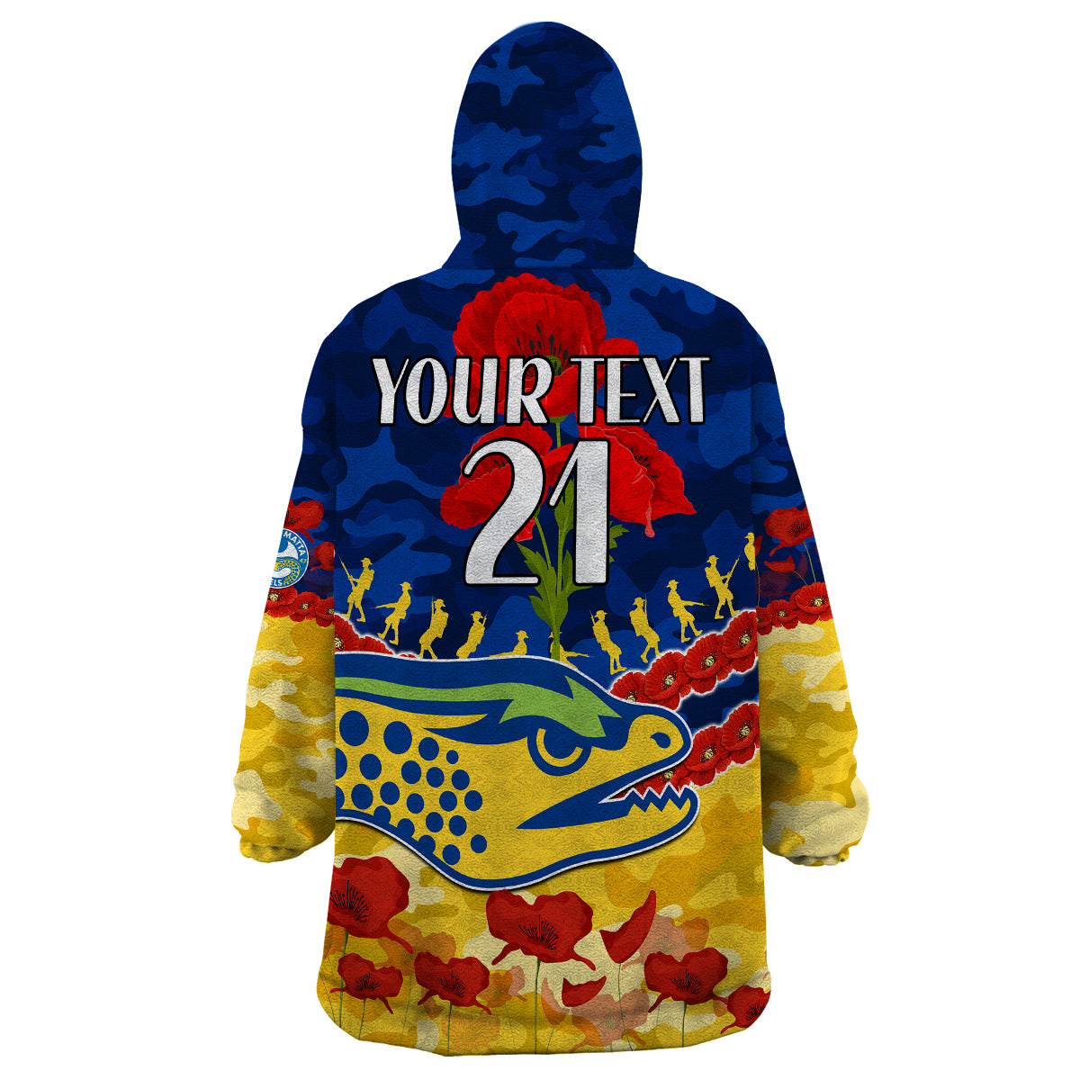 (Custom Text And Number) Eels Rugby ANZAC Wearable Blanket Hoodie Lest We Forget - Vibe Hoodie Shop