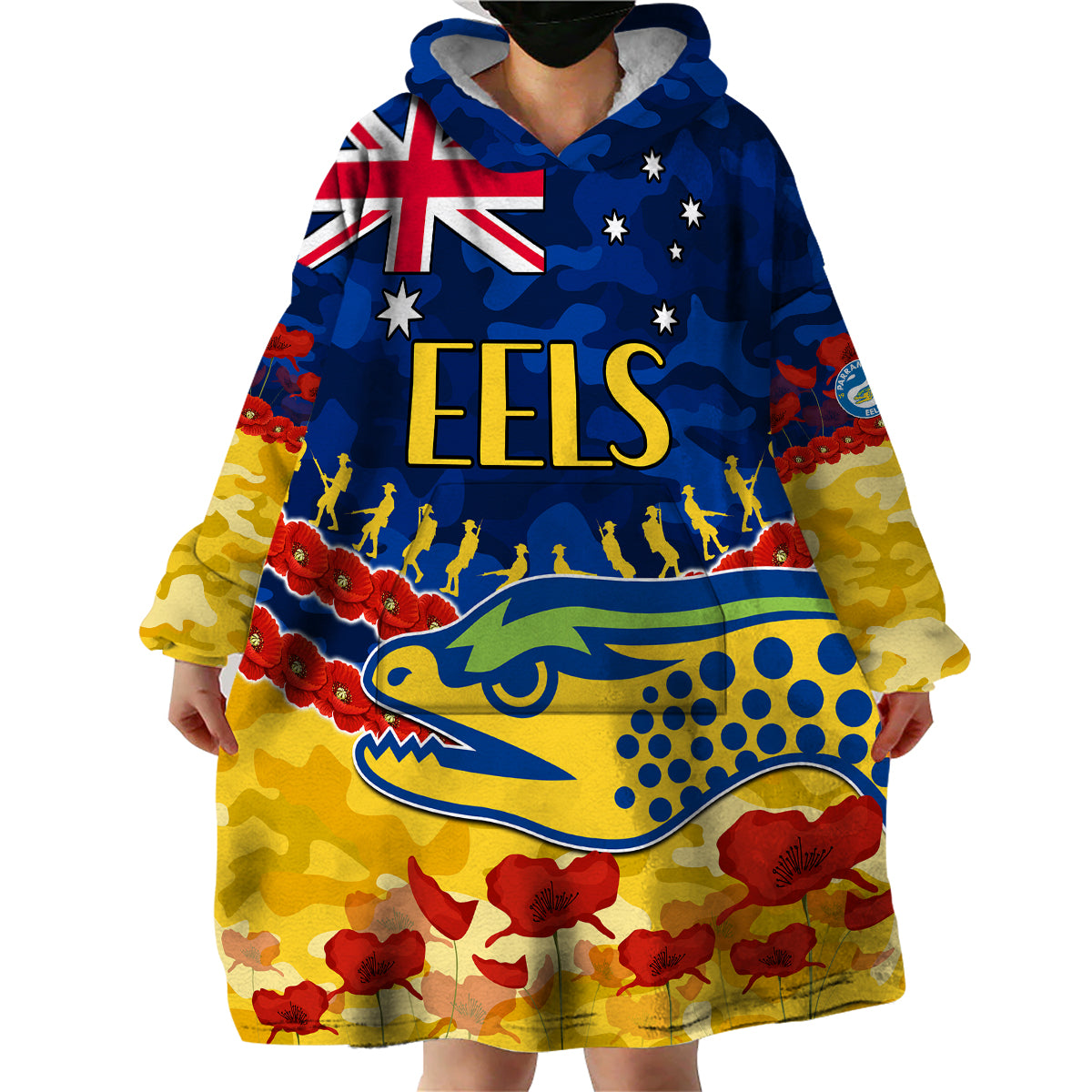 (Custom Text And Number) Eels Rugby ANZAC Wearable Blanket Hoodie Lest We Forget - Vibe Hoodie Shop