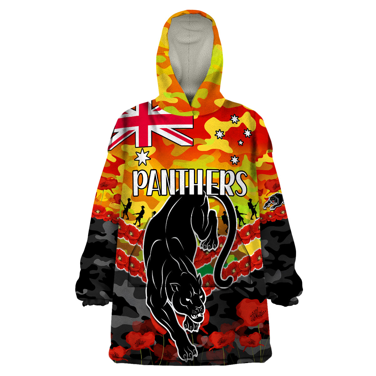 (Custom Text And Number) Panthers Rugby ANZAC Wearable Blanket Hoodie Lest We Forget - Vibe Hoodie Shop