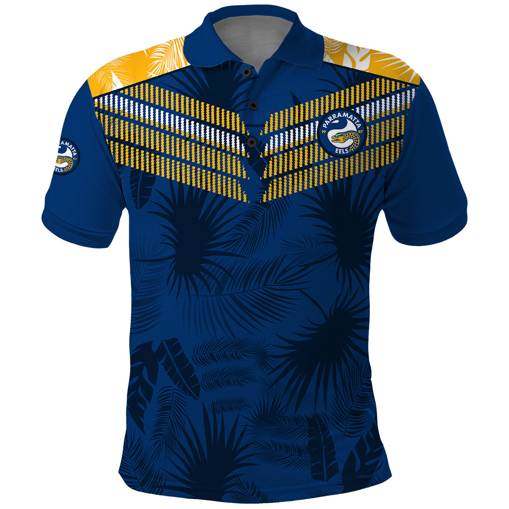 (Custom Text And Number) Parramatta Eels Rugby Polo Shirt Simple Hawaiian Palms Leaf LT9 - Vibe Hoodie Shop