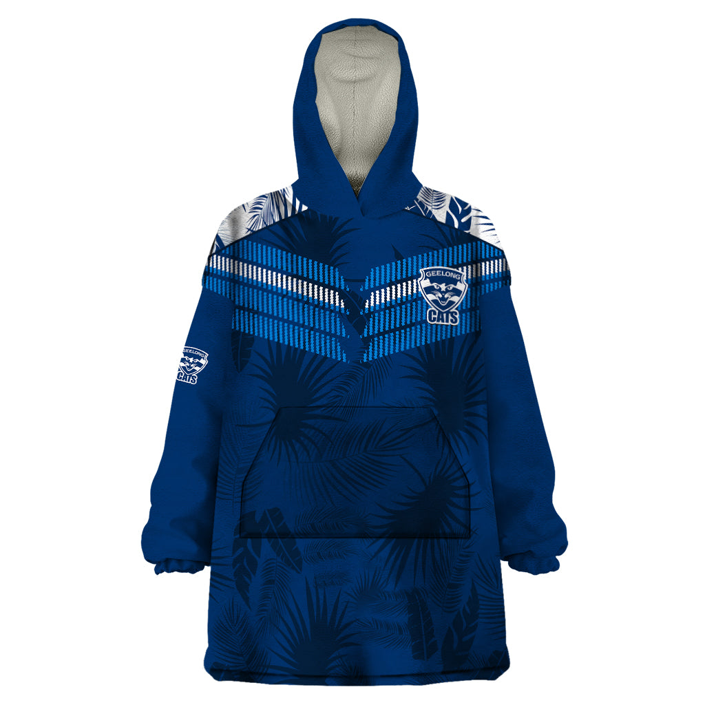 Geelong Cats Football Wearable Blanket Hoodie Simple Hawaiian Palms Leaf - Vibe Hoodie Shop