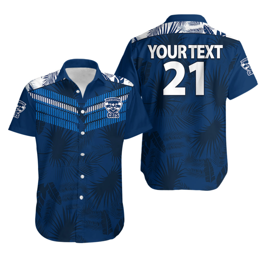(Custom Text And Number) Geelong Cats Football Hawaiian Shirt Simple Hawaiian Palms Leaf - Vibe Hoodie Shop