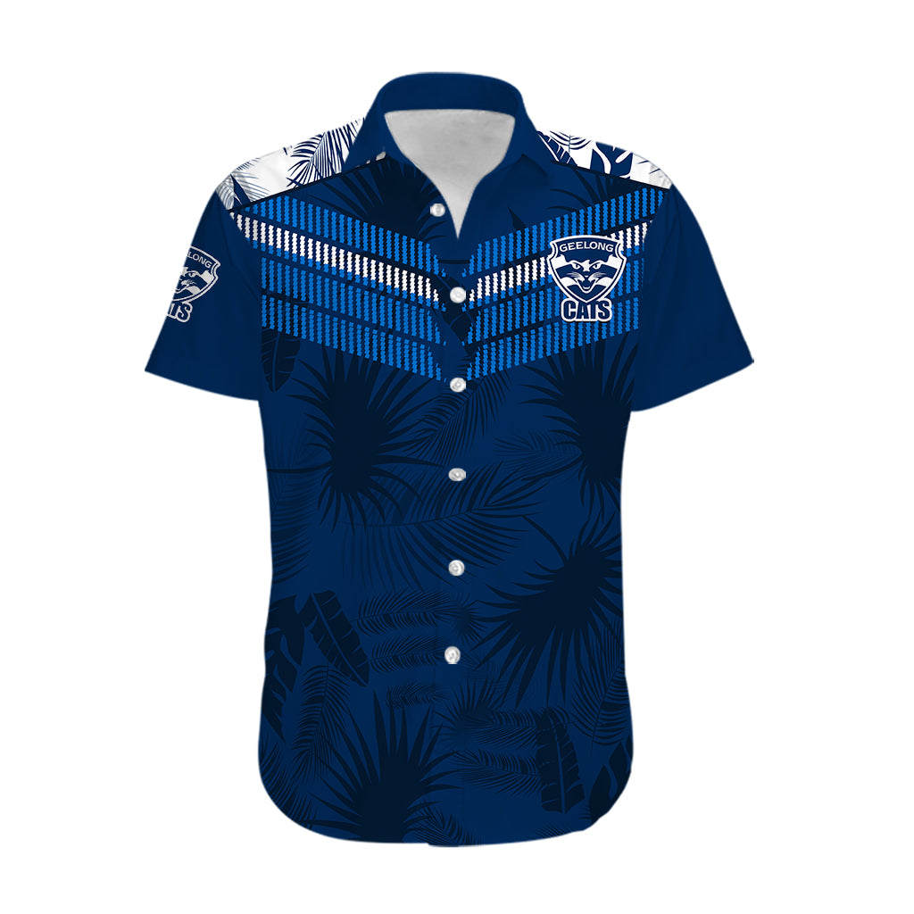 (Custom Text And Number) Geelong Cats Football Hawaiian Shirt Simple Hawaiian Palms Leaf - Vibe Hoodie Shop