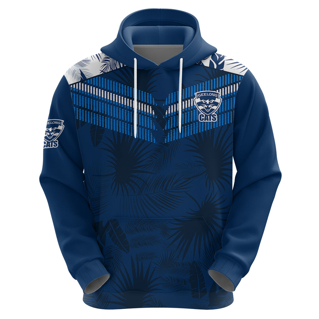 (Custom Text And Number) Geelong Cats Football Hoodie Simple Hawaiian Palms Leaf LT9 - Vibe Hoodie Shop
