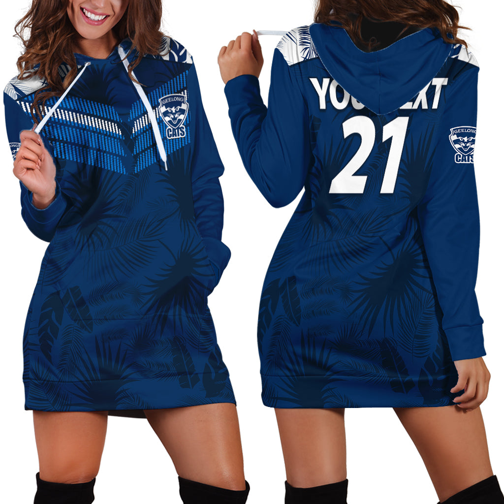 (Custom Text And Number) Geelong Cats Football Hoodie Dress Simple Hawaiian Palms Leaf - Vibe Hoodie Shop