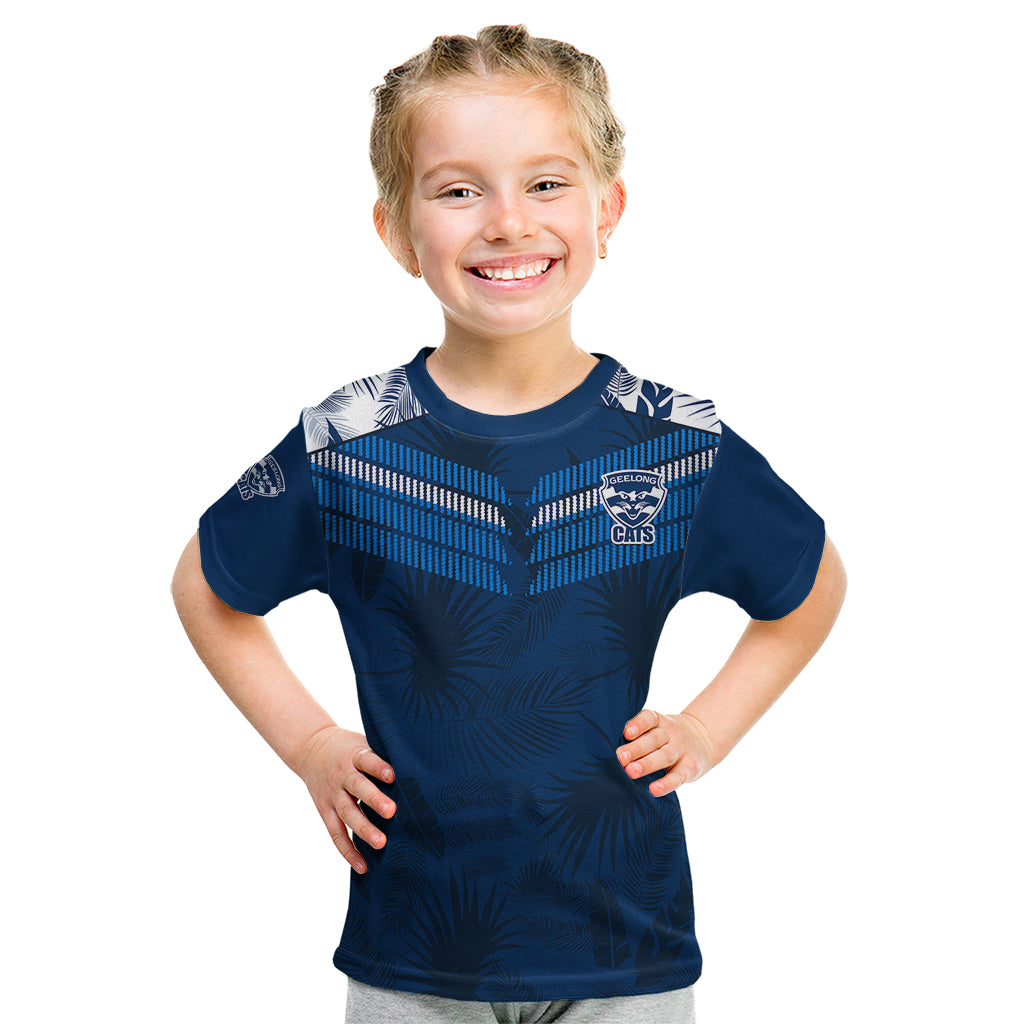 (Custom Text And Number) Geelong Cats Football Kid T Shirt Simple Hawaiian Palms Leaf - Vibe Hoodie Shop