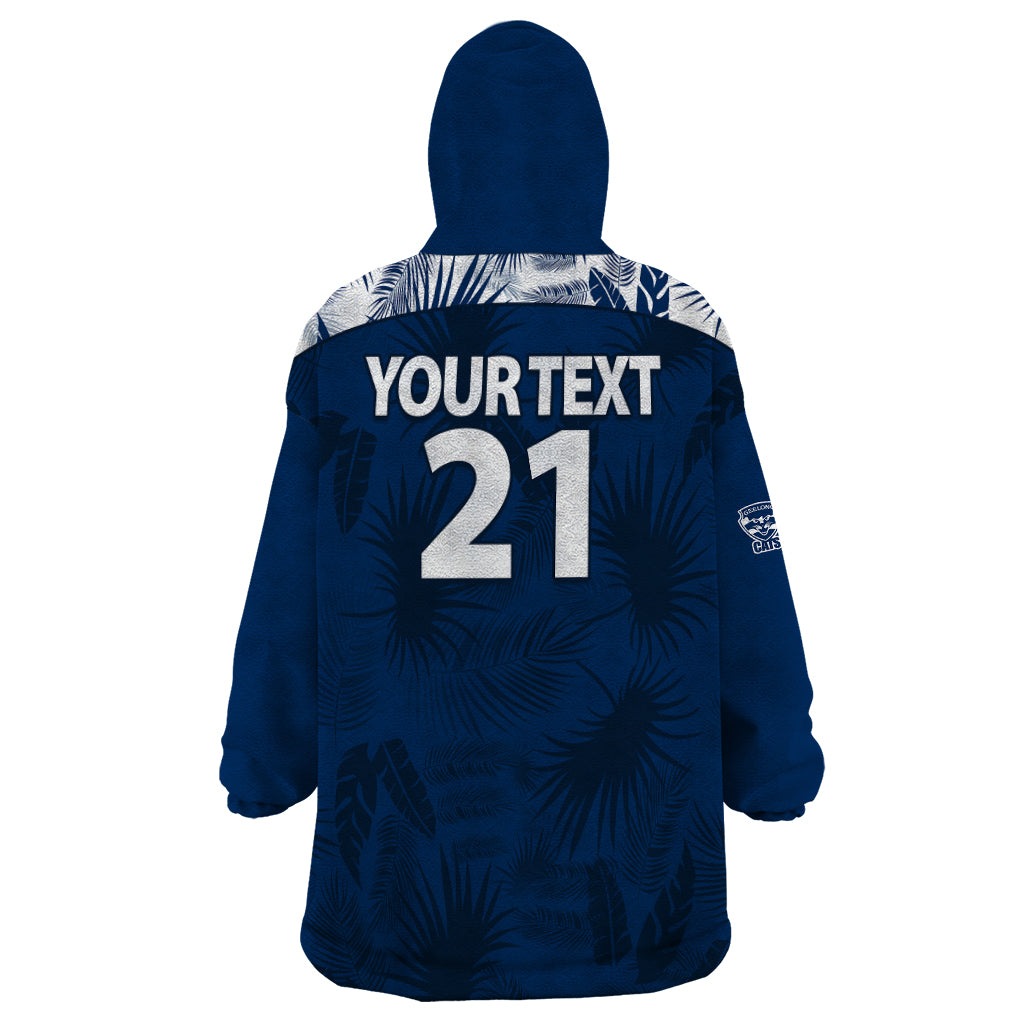 (Custom Text And Number) Geelong Cats Football Wearable Blanket Hoodie Simple Hawaiian Palms Leaf - Vibe Hoodie Shop