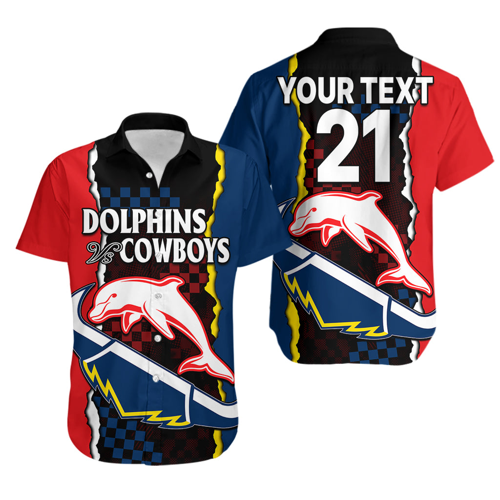 (Custom Text And Number) NRL Combine Dolphins and Cowboys Hawaiian Shirt - Vibe Hoodie Shop