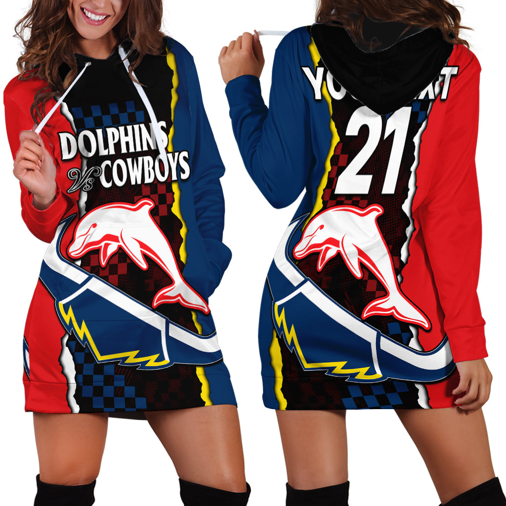 (Custom Text And Number) NRL Combine Dolphins and Cowboys Hoodie Dress - Vibe Hoodie Shop