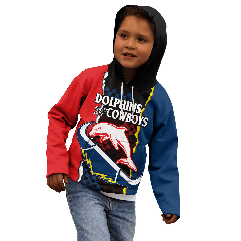 (Custom Text And Number) NRL Combine Dolphins and Cowboys Kid Hoodie - Vibe Hoodie Shop