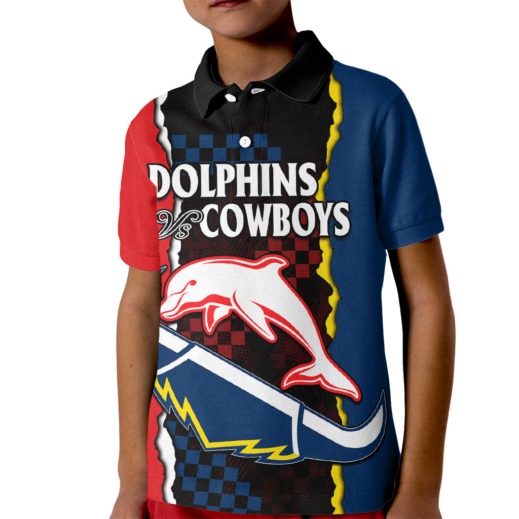 (Custom Text And Number) NRL Combine Dolphins and Cowboys Kid Polo Shirt - Vibe Hoodie Shop