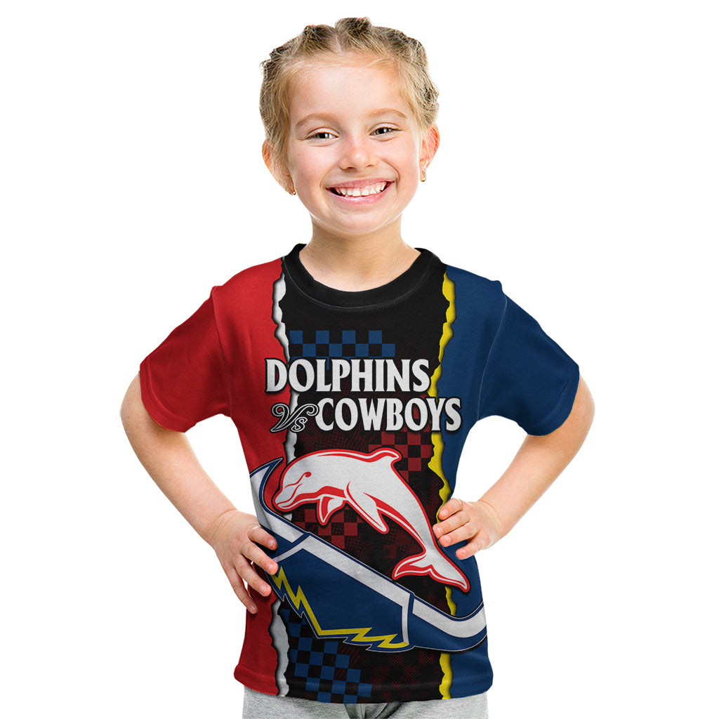 (Custom Text And Number) NRL Combine Dolphins and Cowboys Kid T Shirt - Vibe Hoodie Shop