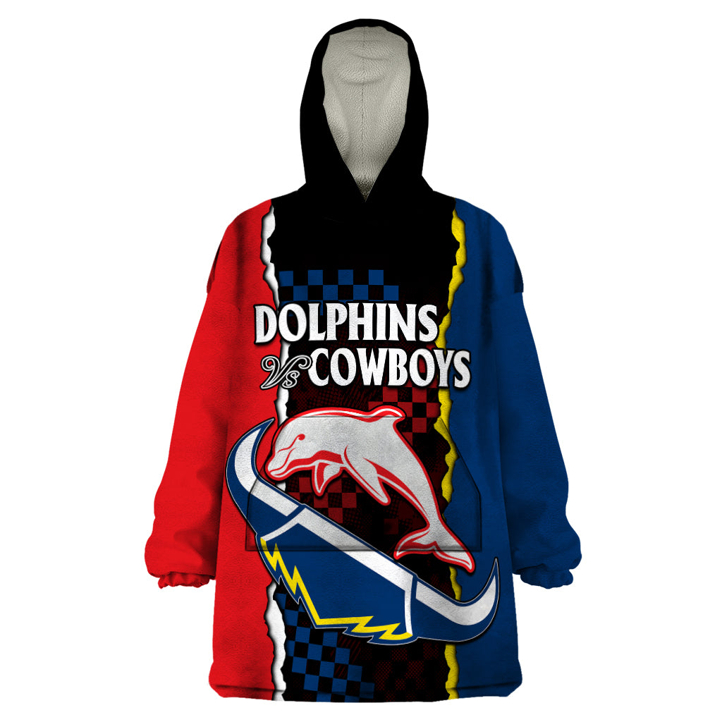 (Custom Text And Number) NRL Combine Dolphins and Cowboys Wearable Blanket Hoodie - Vibe Hoodie Shop