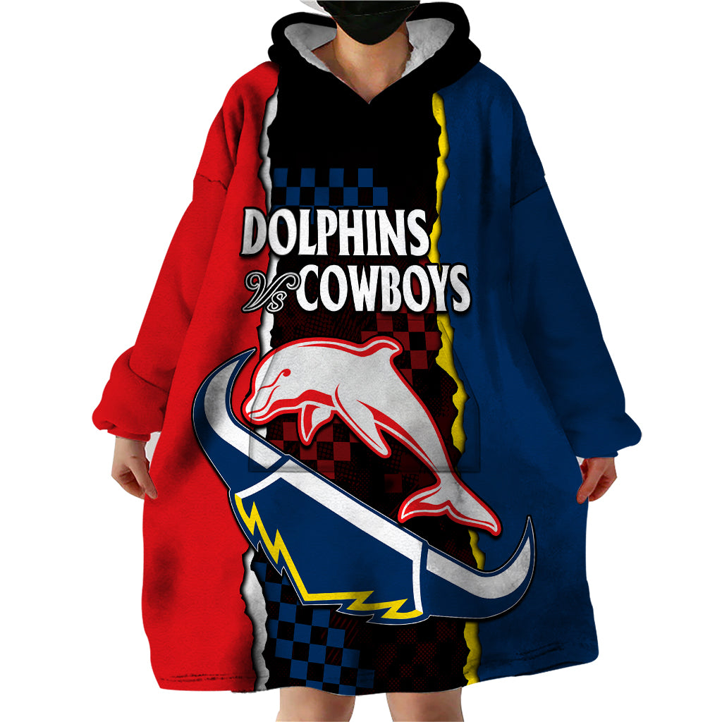 (Custom Text And Number) NRL Combine Dolphins and Cowboys Wearable Blanket Hoodie - Vibe Hoodie Shop