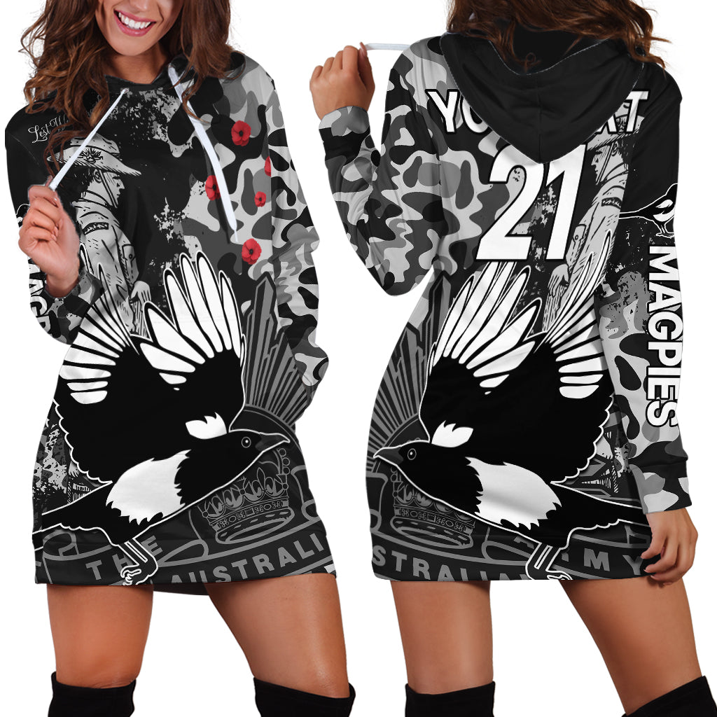 (Custom Text And Number) AFL ANZAC 2023 Magpies Hoodie Dress Camouflage - Vibe Hoodie Shop