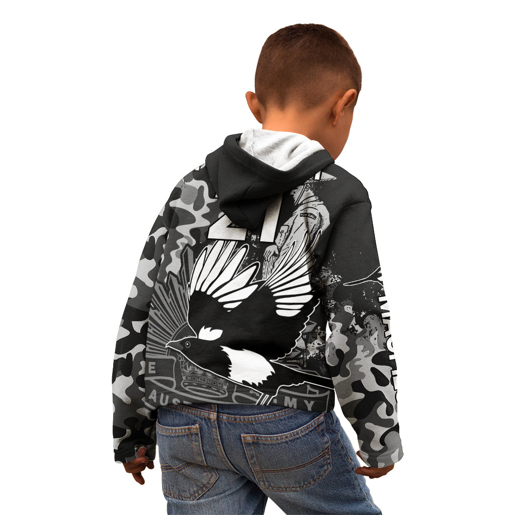 (Custom Text And Number) AFL ANZAC 2023 Magpies Kid Hoodie Camouflage - Vibe Hoodie Shop