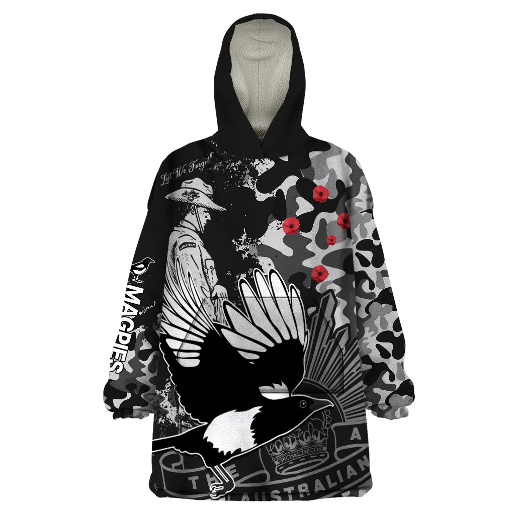 (Custom Text And Number) AFL ANZAC 2023 Magpies Wearable Blanket Hoodie Camouflage - Vibe Hoodie Shop