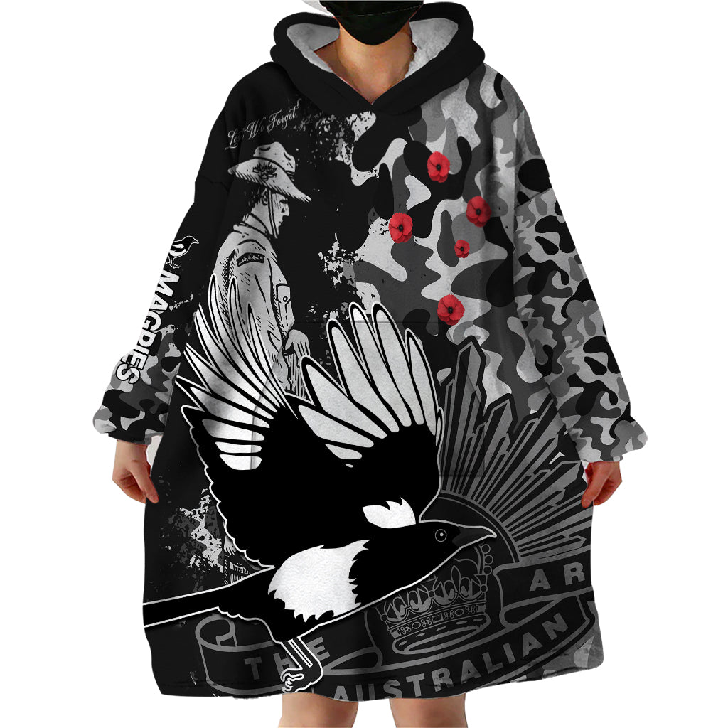 (Custom Text And Number) AFL ANZAC 2023 Magpies Wearable Blanket Hoodie Camouflage - Vibe Hoodie Shop