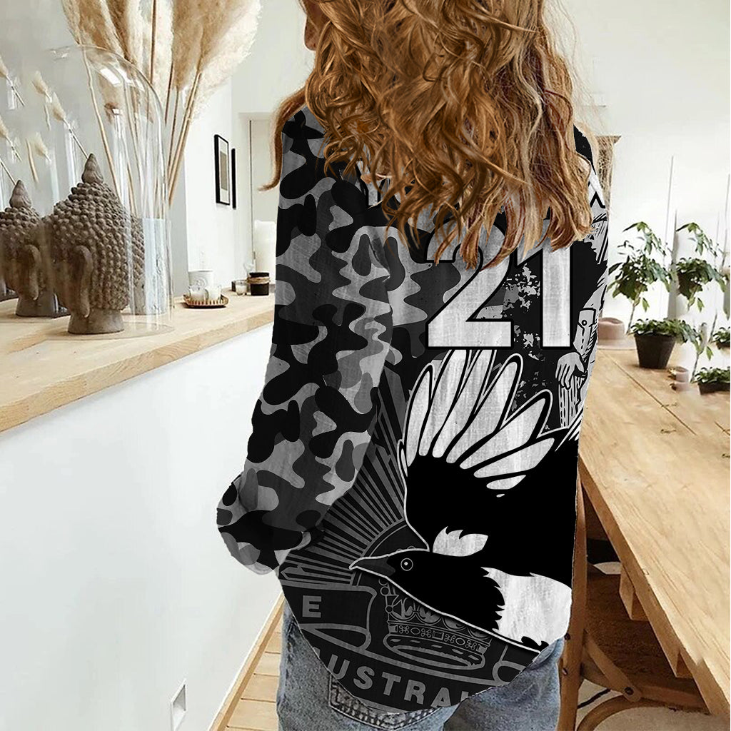 (Custom Text And Number) AFL ANZAC 2023 Magpies Women Casual Shirt Camouflage - Vibe Hoodie Shop