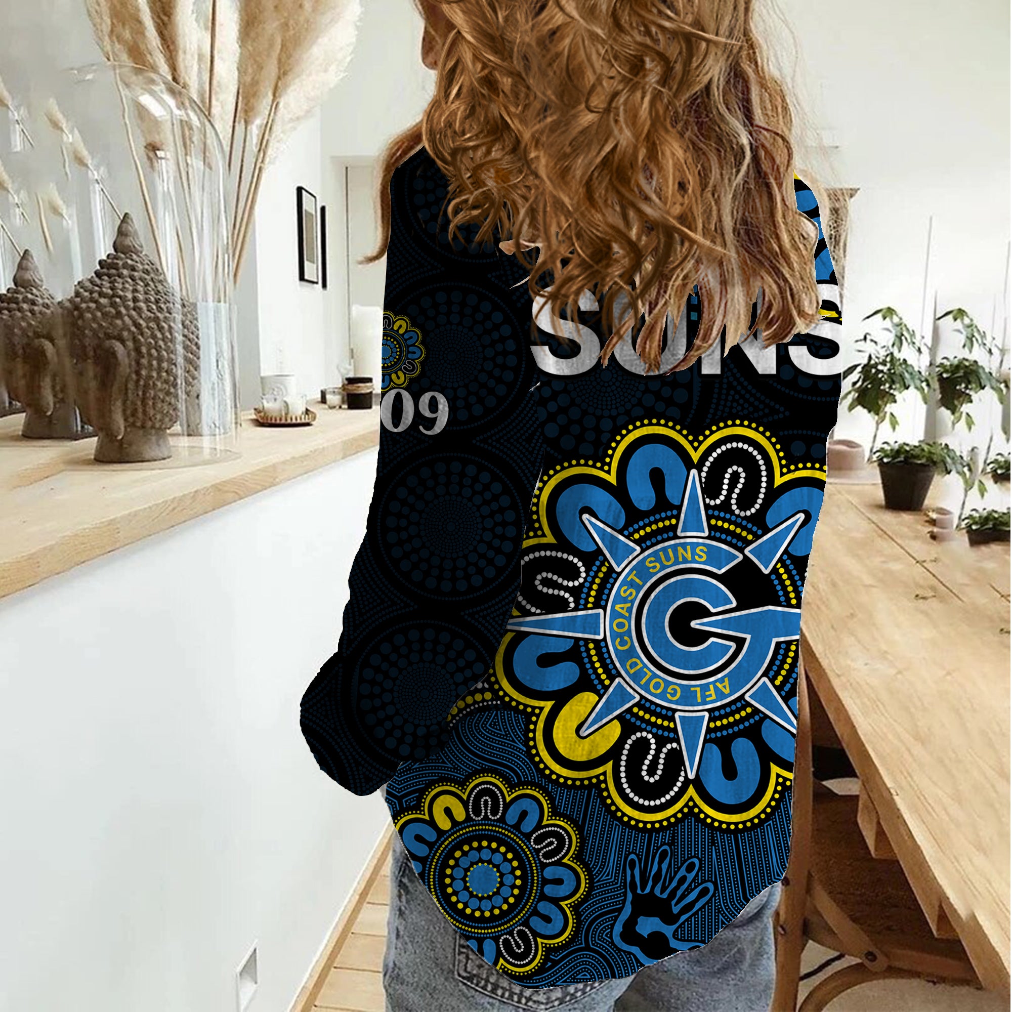 AFL Gold Coast Suns 2009 Aboriginal Blue Style Women Casual Shirt - Vibe Hoodie Shop
