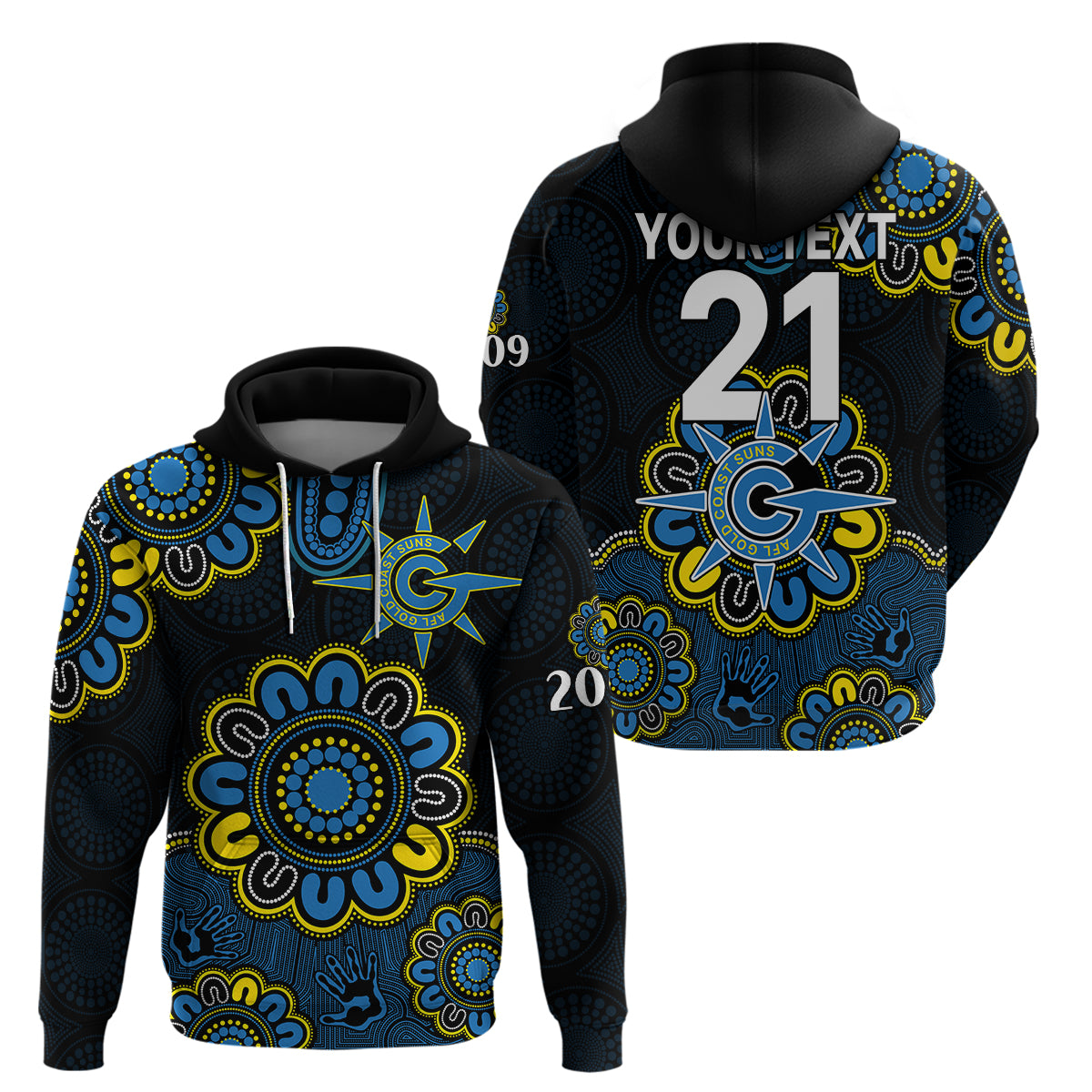 (Custom Personalised) AFL Gold Coast Suns 2009 Aboriginal Blue Style Hoodie LT9 - Vibe Hoodie Shop