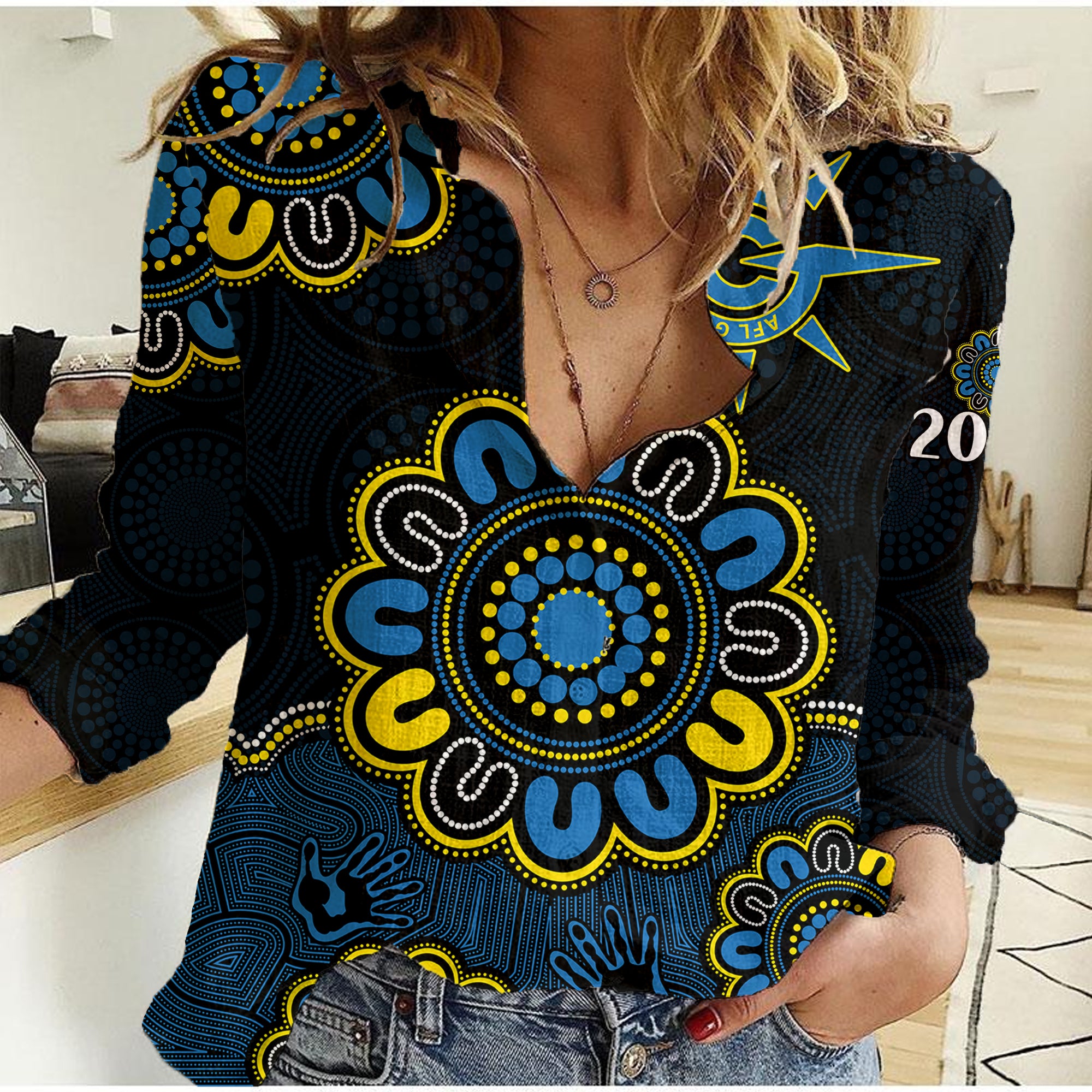 (Custom Personalised) AFL Gold Coast Suns 2009 Aboriginal Blue Style Women Casual Shirt - Vibe Hoodie Shop