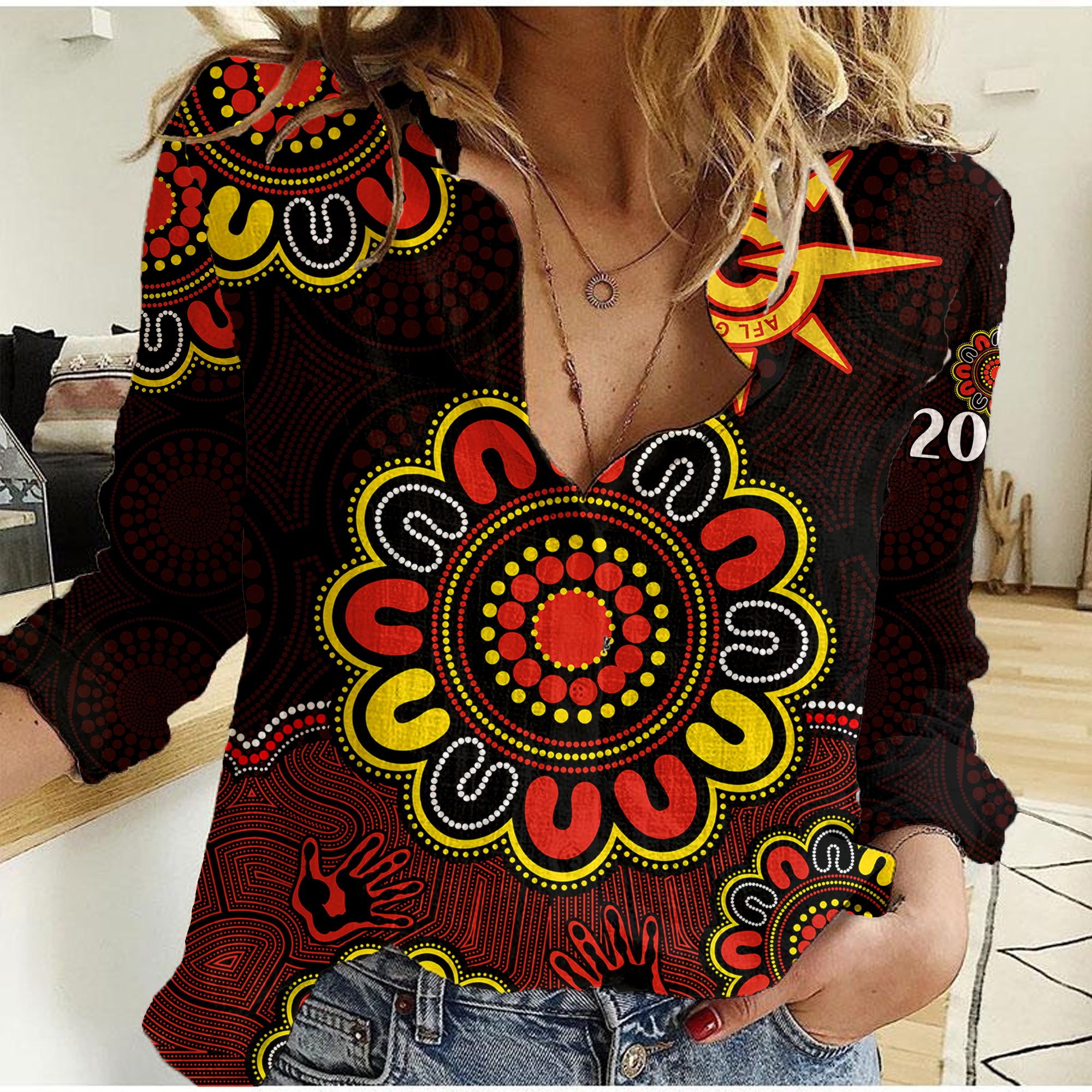 (Custom Personalised) AFL Gold Coast Suns 2009 Aboriginal Red Style Women Casual Shirt - Vibe Hoodie Shop