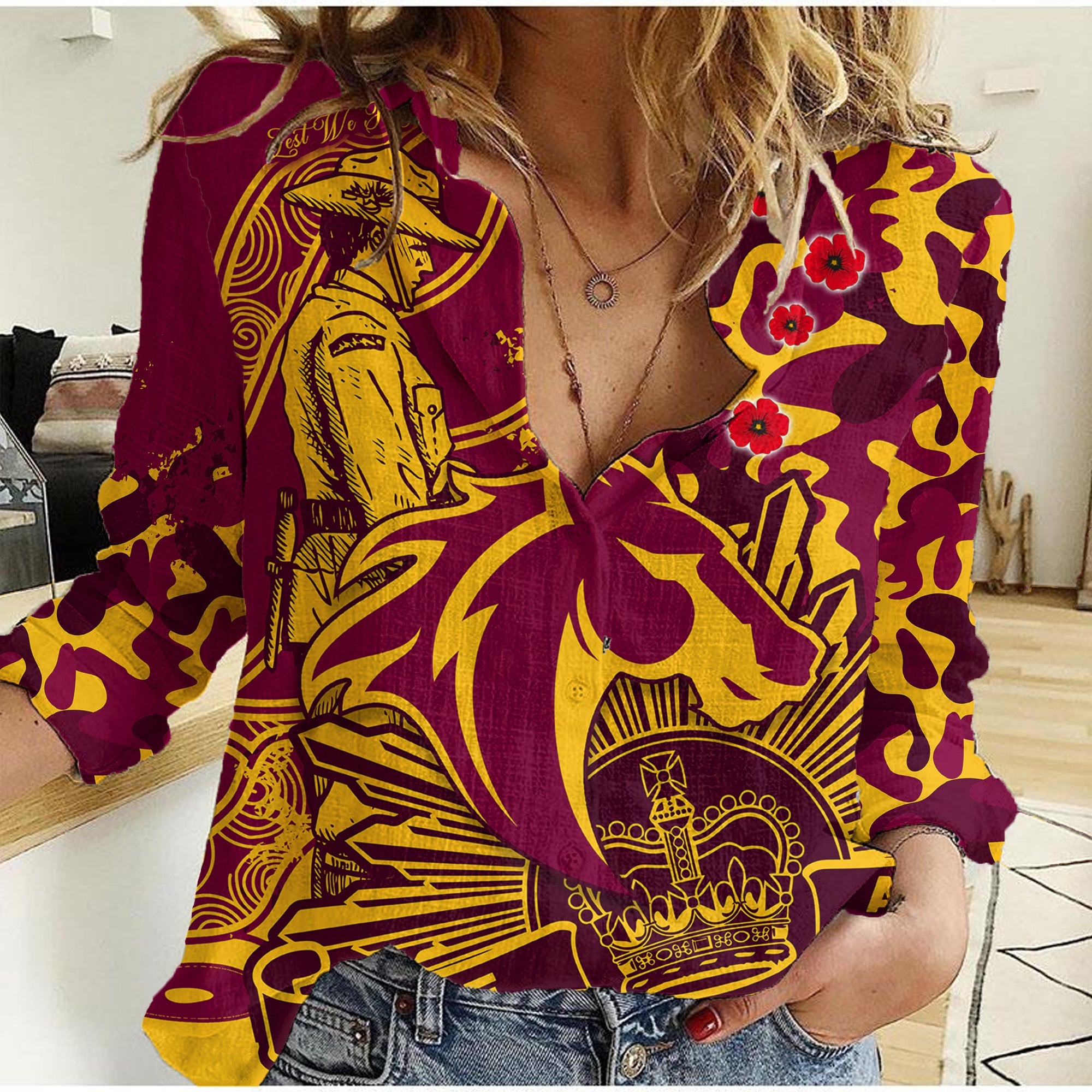 NRL ANZAC 2023 Broncos Women Casual Shirt Camouflage - Vibe Hoodie Shop