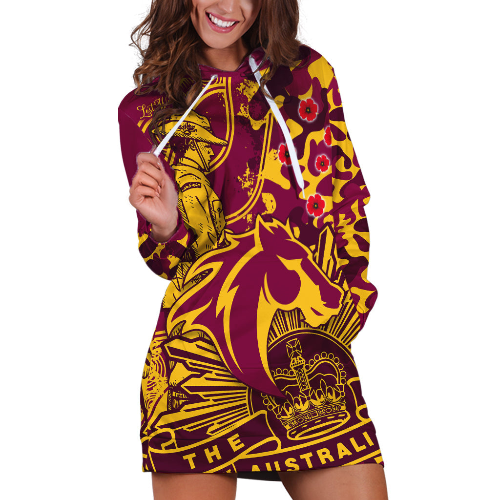 (Custom Text And Number) NRL ANZAC 2023 Broncos Hoodie Dress Camouflage - Vibe Hoodie Shop