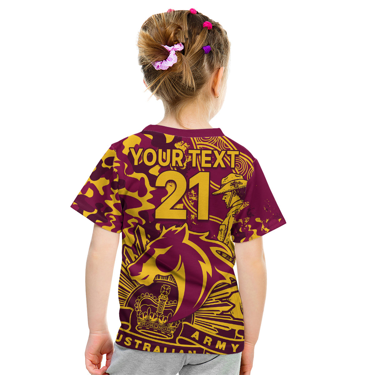 (Custom Text And Number) NRL ANZAC 2023 Broncos Kid T Shirt Camouflage - Vibe Hoodie Shop