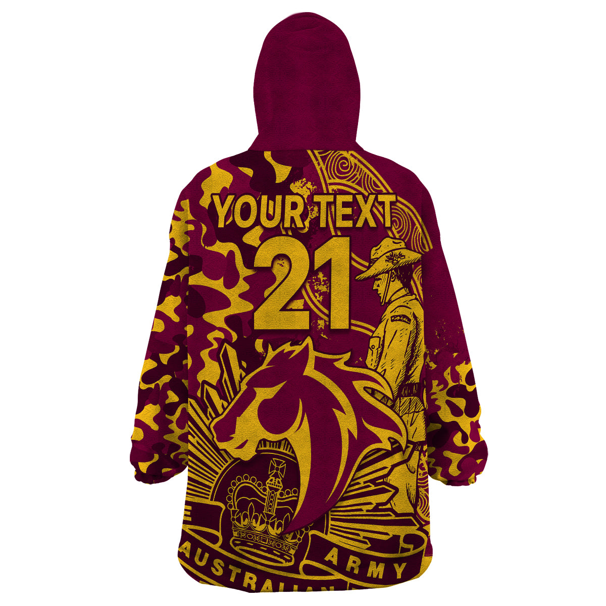 (Custom Text And Number) NRL ANZAC 2023 Broncos Wearable Blanket Hoodie Camouflage - Vibe Hoodie Shop