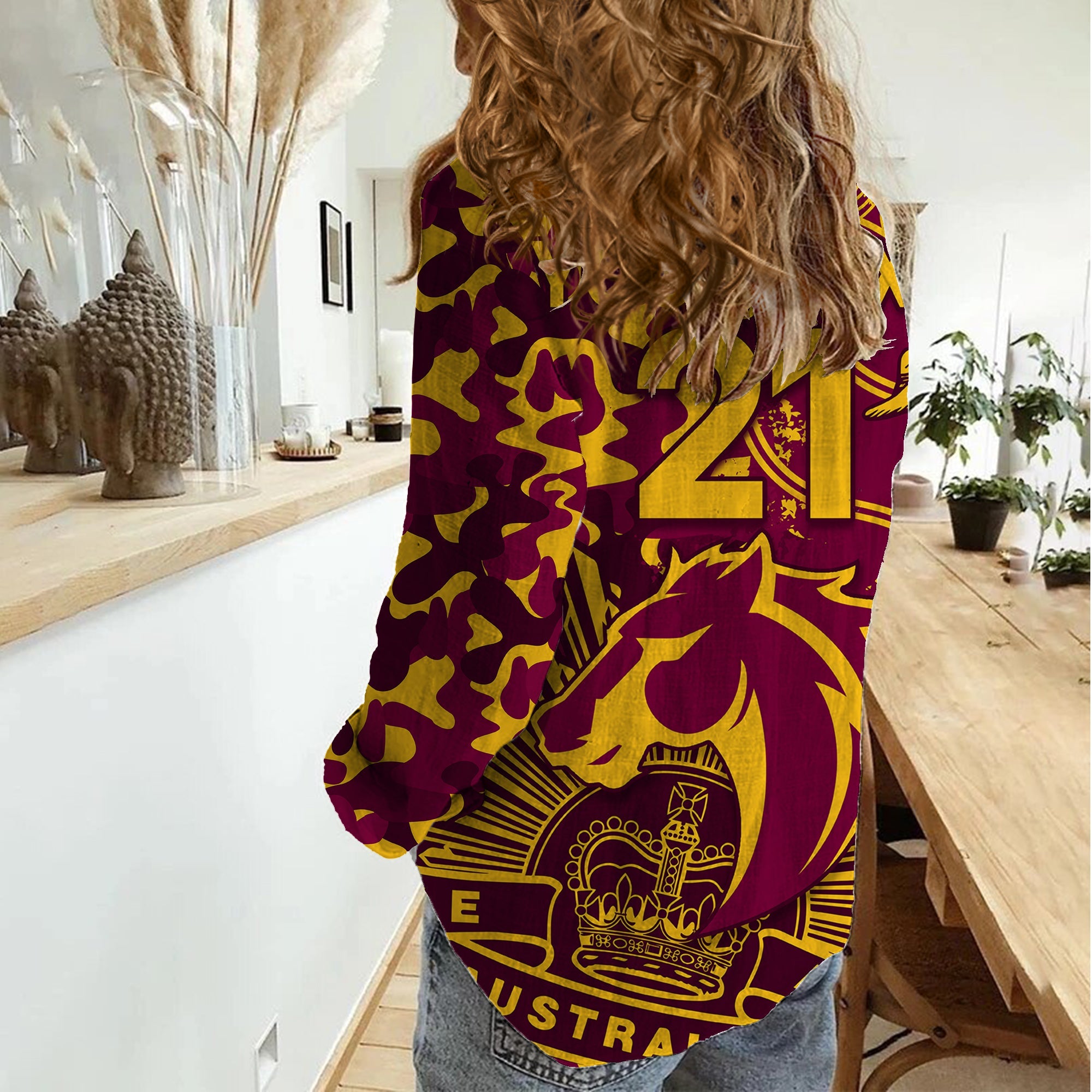 (Custom Text And Number) NRL ANZAC 2023 Broncos Women Casual Shirt Camouflage - Vibe Hoodie Shop