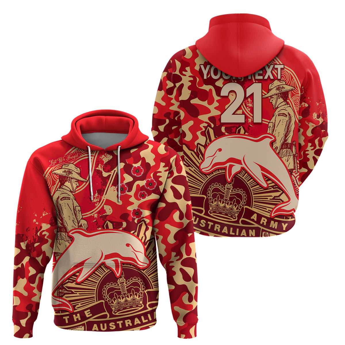 (Custom Text And Number) NRL ANZAC 2023 Dolphins Hoodie Camouflage LT9 - Vibe Hoodie Shop