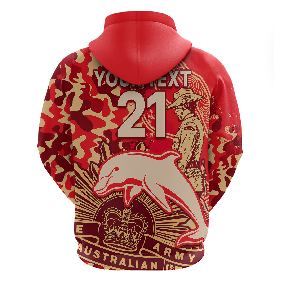 (Custom Text And Number) NRL ANZAC 2023 Dolphins Hoodie Camouflage LT9 - Vibe Hoodie Shop