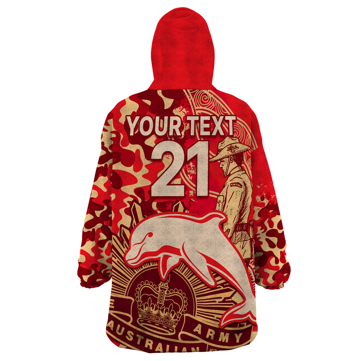 (Custom Text And Number) NRL ANZAC 2023 Dolphins Wearable Blanket Hoodie Camouflage - Vibe Hoodie Shop