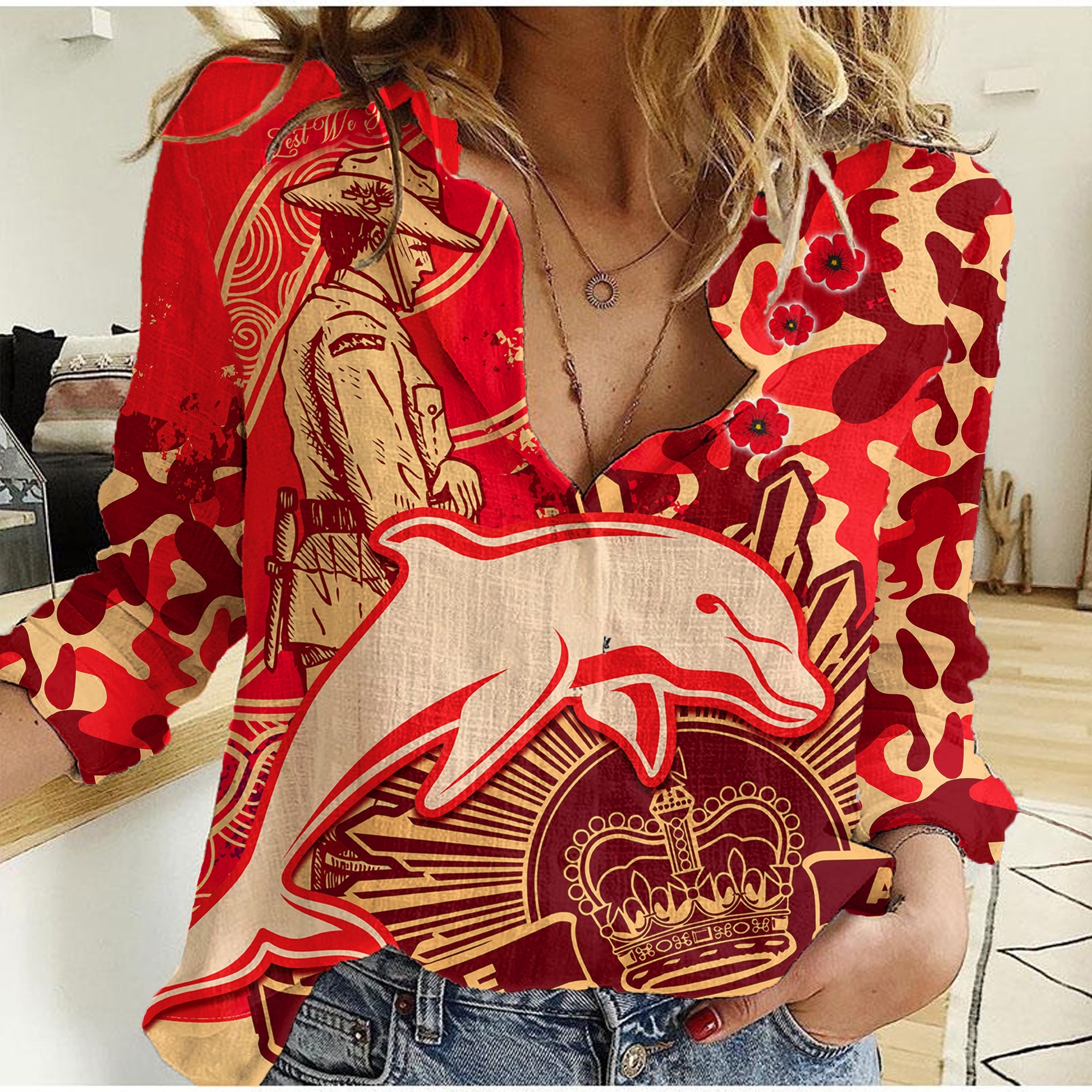 (Custom Text And Number) NRL ANZAC 2023 Dolphins Women Casual Shirt Camouflage - Vibe Hoodie Shop