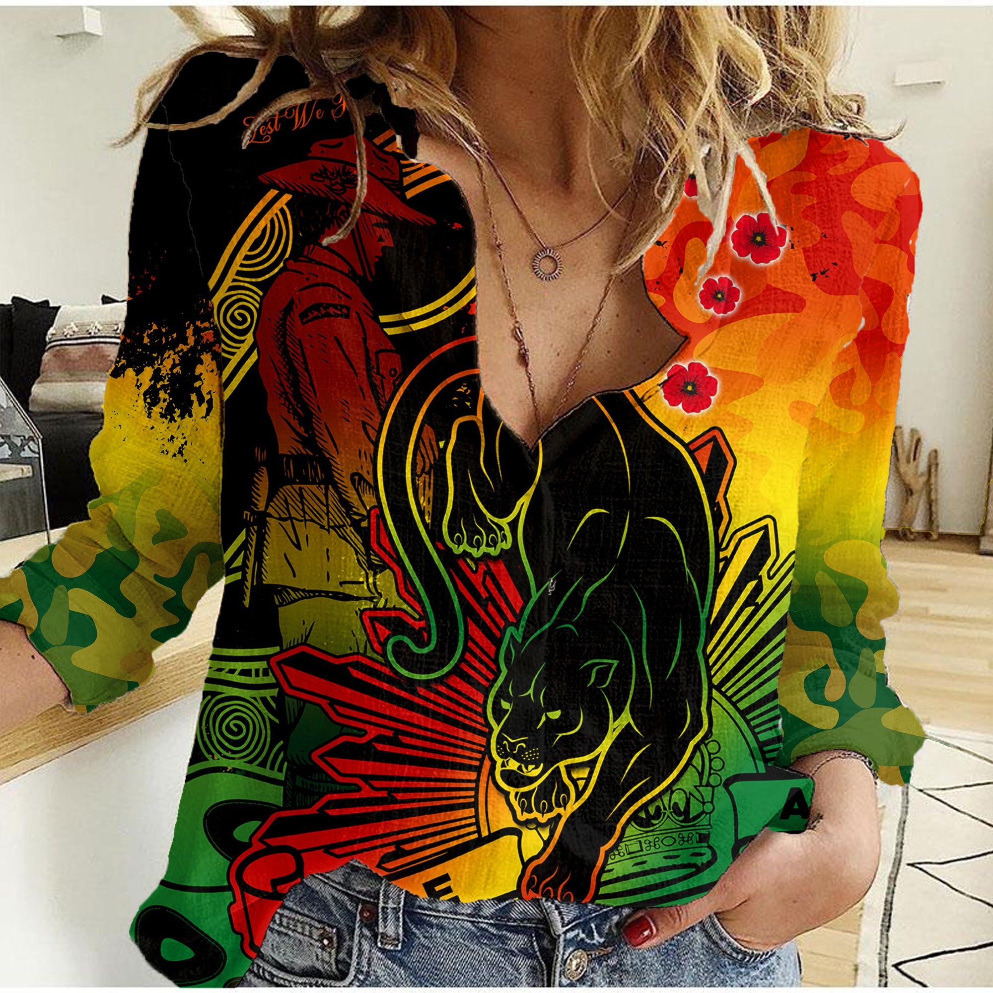 (Custom Text And Number) NRL ANZAC 2023 Panthers Women Casual Shirt Camouflage - Vibe Hoodie Shop