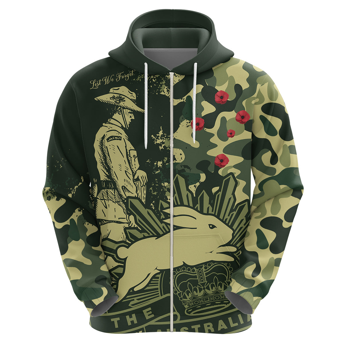 (Custom Text And Number) NRL ANZAC 2023 Rabbitohs Hoodie Camouflage LT9 - Vibe Hoodie Shop
