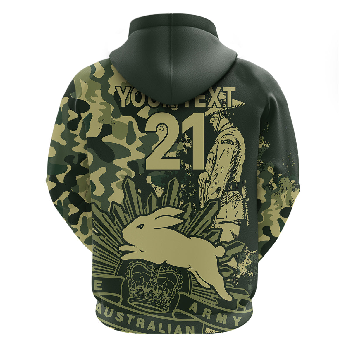 (Custom Text And Number) NRL ANZAC 2023 Rabbitohs Hoodie Camouflage LT9 - Vibe Hoodie Shop