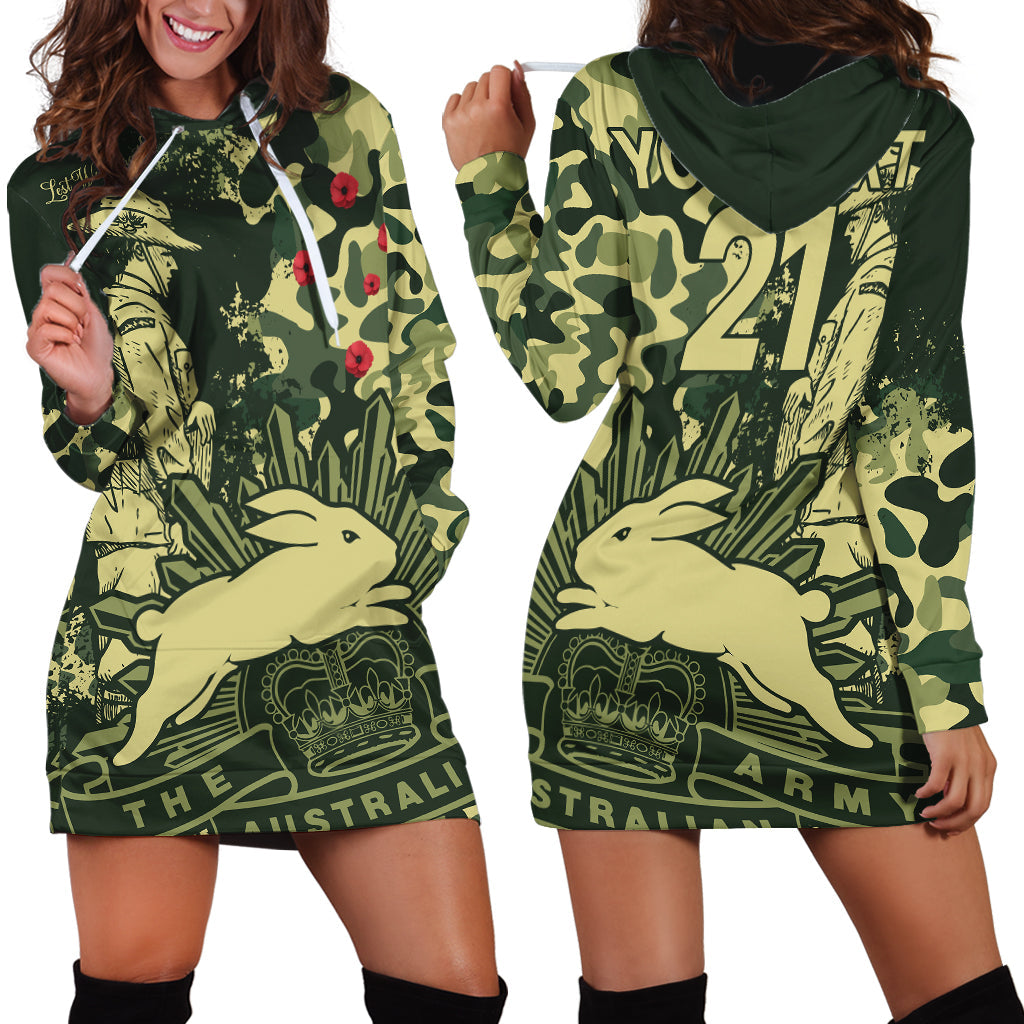 (Custom Text And Number) NRL ANZAC 2023 Rabbitohs Hoodie Dress Camouflage - Vibe Hoodie Shop