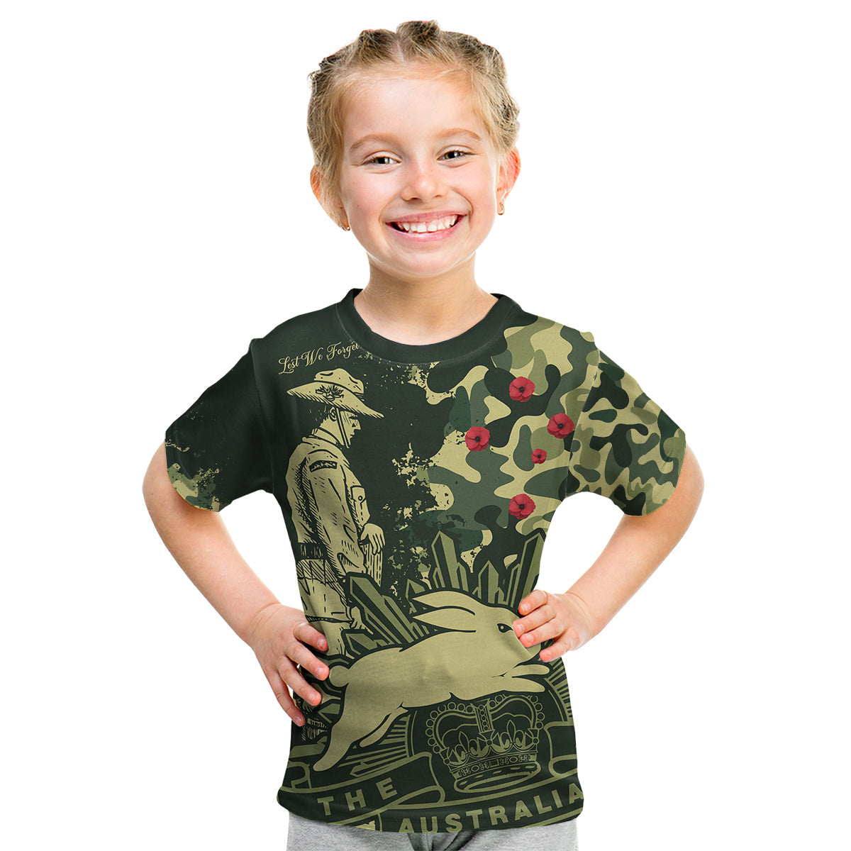 (Custom Text And Number) NRL ANZAC 2023 Rabbitohs Kid T Shirt Camouflage - Vibe Hoodie Shop