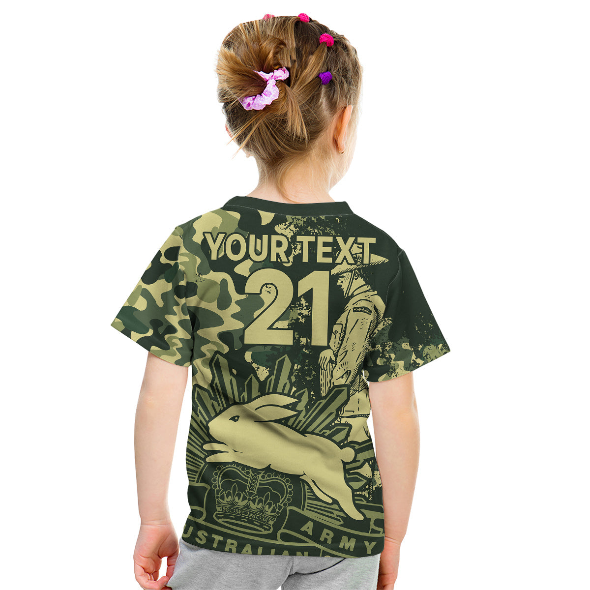 (Custom Text And Number) NRL ANZAC 2023 Rabbitohs Kid T Shirt Camouflage - Vibe Hoodie Shop