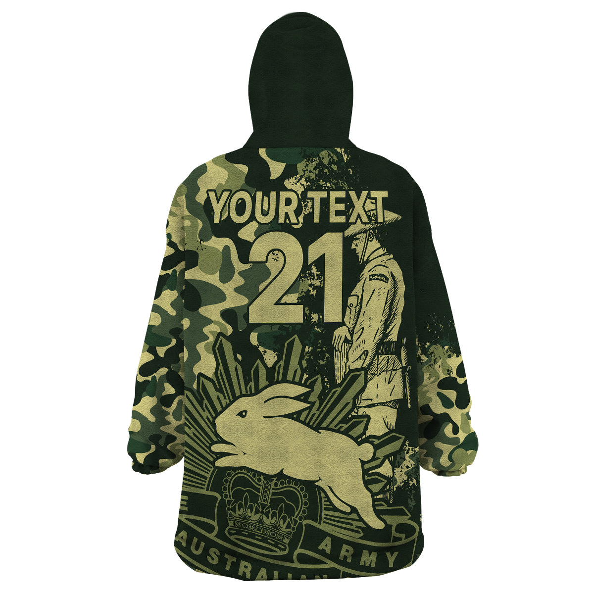 (Custom Text And Number) NRL ANZAC 2023 Rabbitohs Wearable Blanket Hoodie Camouflage - Vibe Hoodie Shop